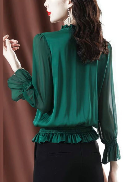Green Ruffled Lace Up Chiffon Shirt Spring