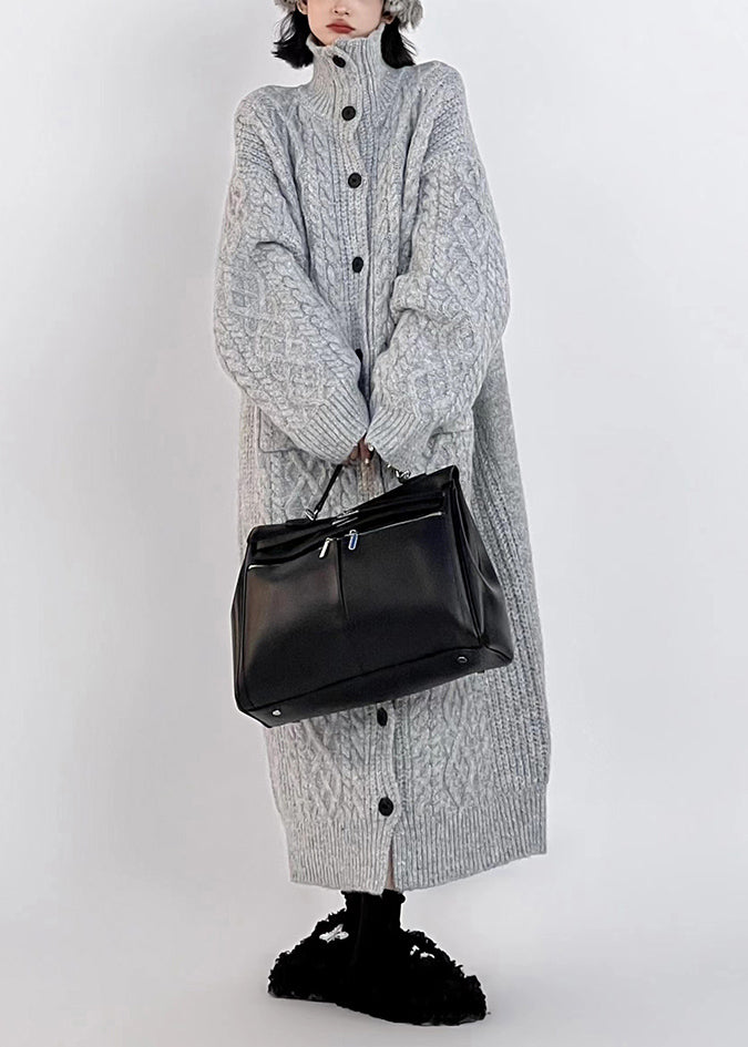 Grey Hign Neck Button Long Knit Cardigan Winter