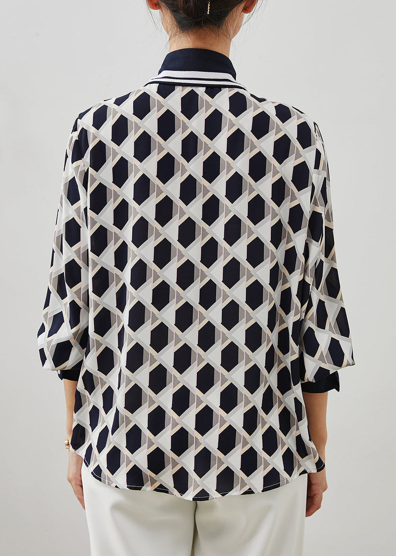 Navy Peter Pan Collar Print Chiffon Blouses Summer