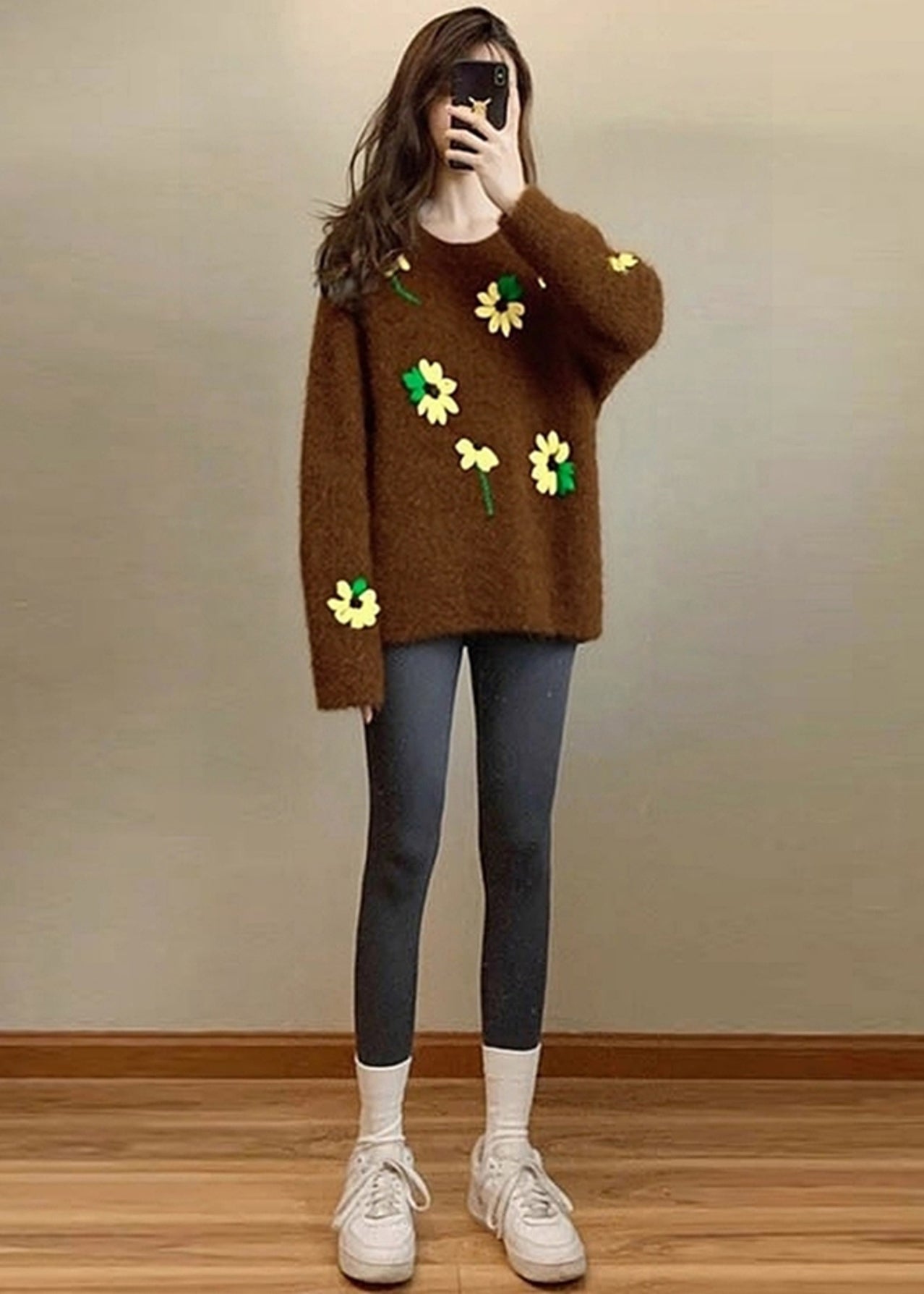 Unique Brown Oversized Lace Knit Sweater Tops Winter
