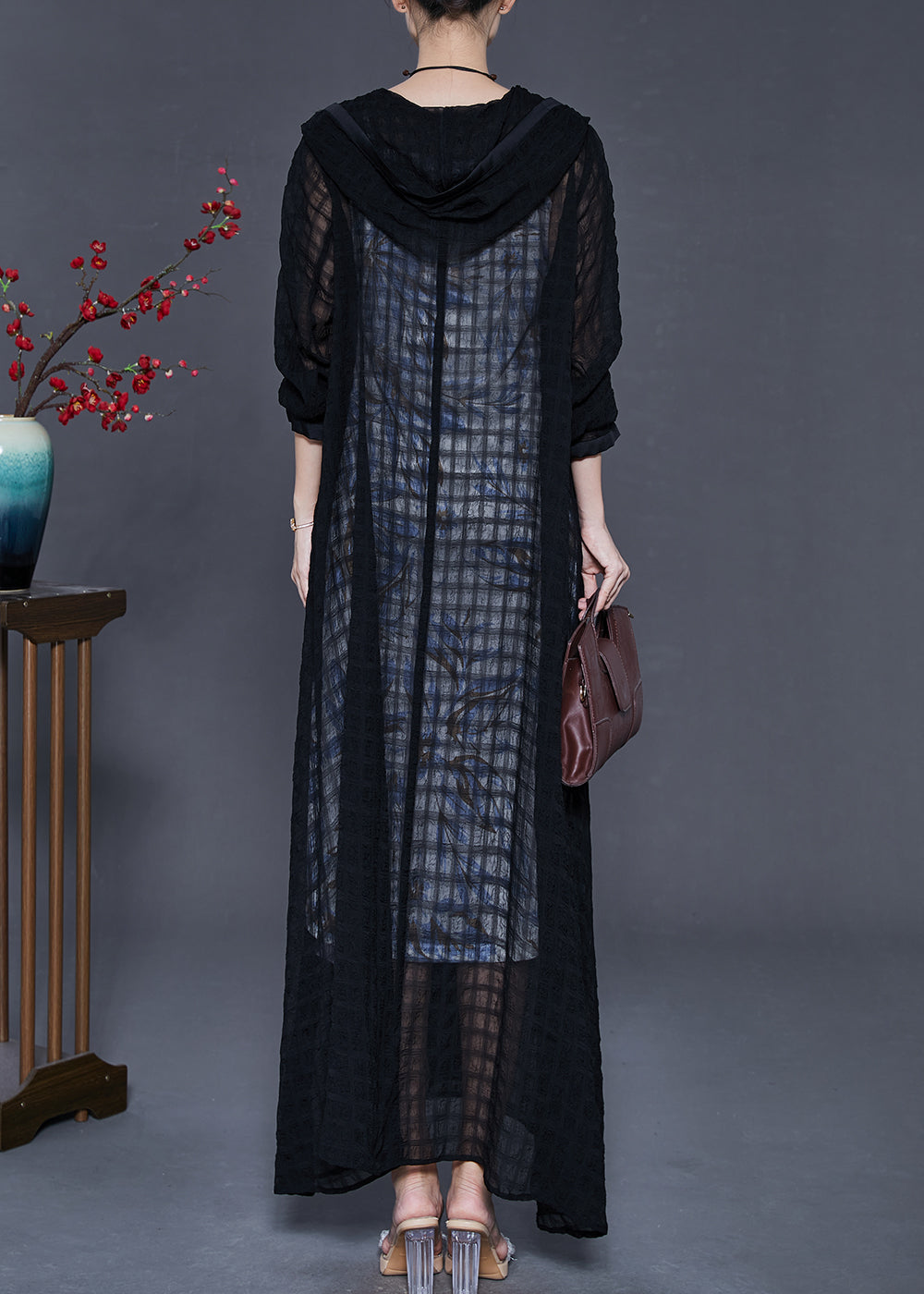 Black Hooded Plaid Tulle Cardigans Spring