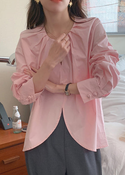Pink O-neck Chinese Button Cotton Shirt Top Spring