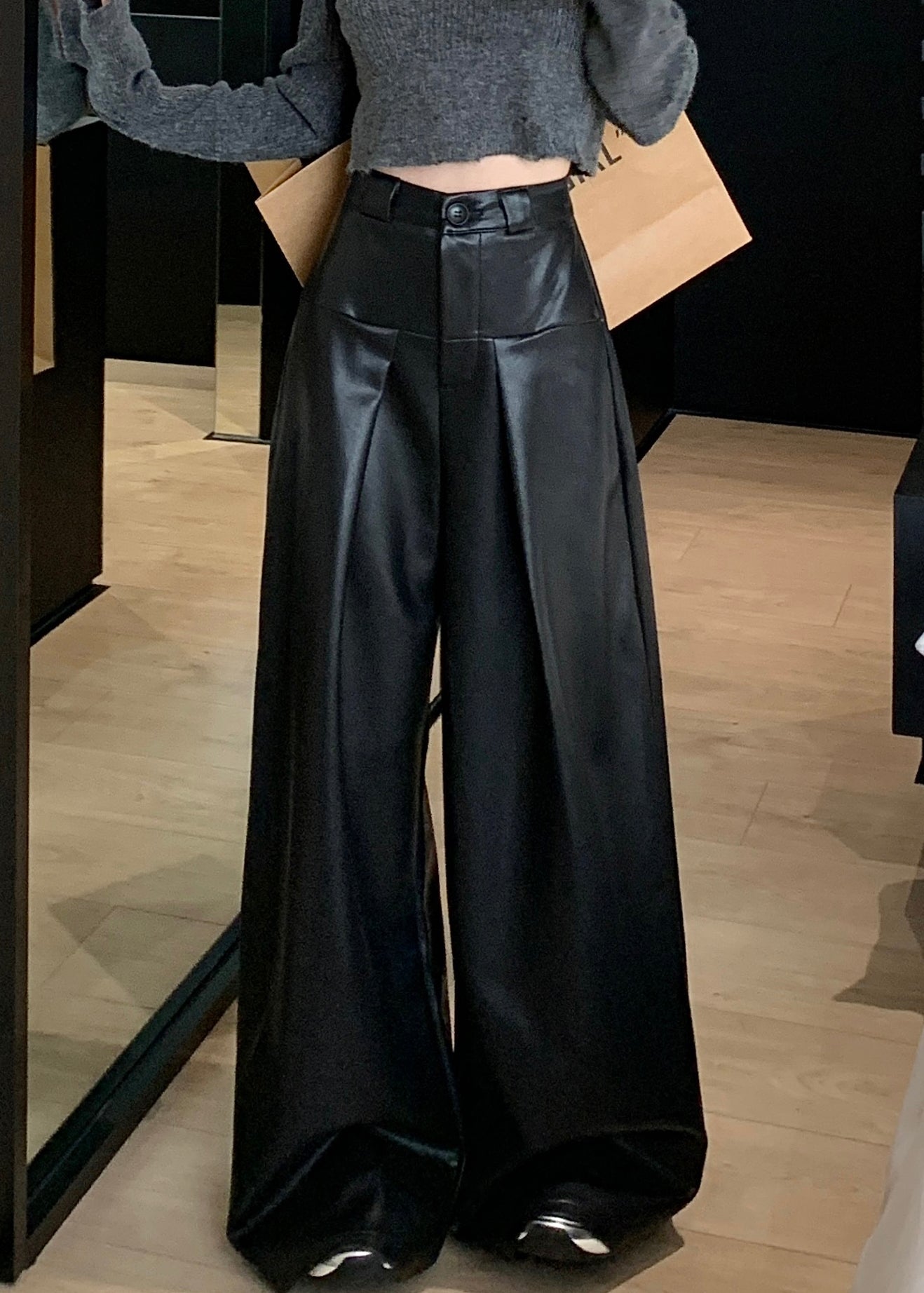 Black Faux Leather Wide Leg Pants High Waist