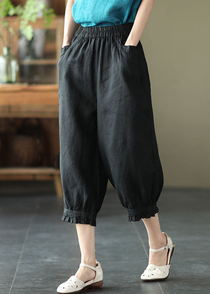 Black Pockets Elastic Waist Linen Crop Pants Summer