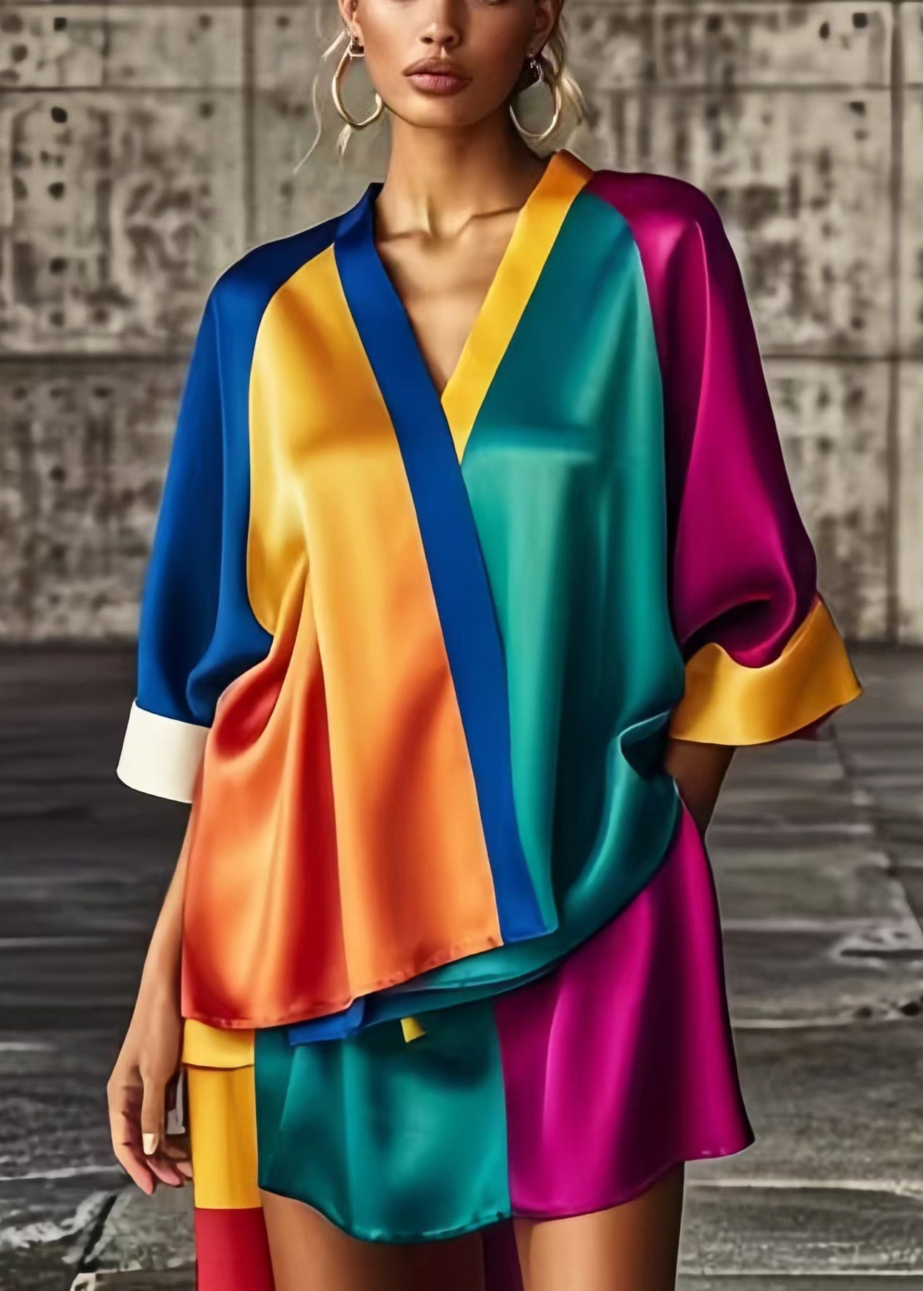 Colorblock Asymmetrical Patchwork Low High Design Silk Dress Summer