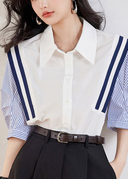 White Peter Pan Collar Striped Patchwork Top Half Sleeve