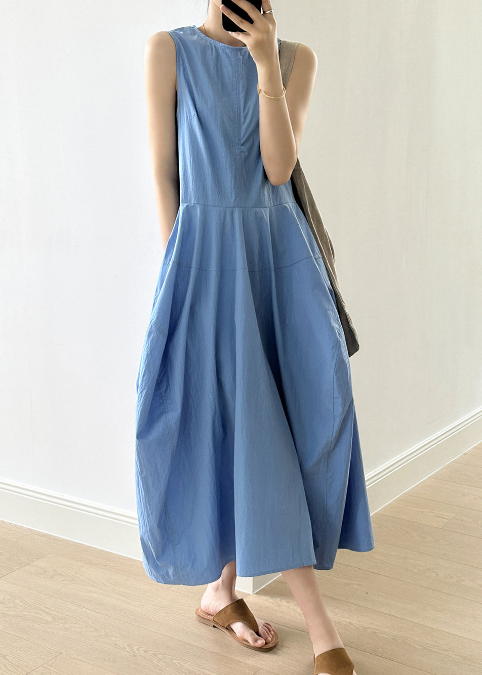 New Blue O-neck Pockets Cotton Long Dresses Sleeveless