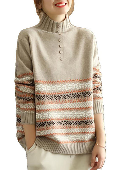 Khaki Hign Neck Print Knit Sweater Spring