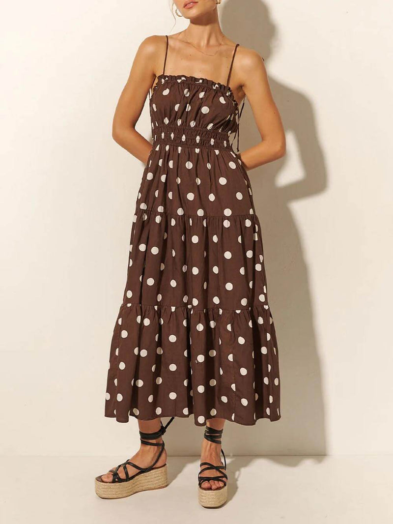 Ivory and Chocolate Polka Dot Print Pleated Elastic Strap Dress