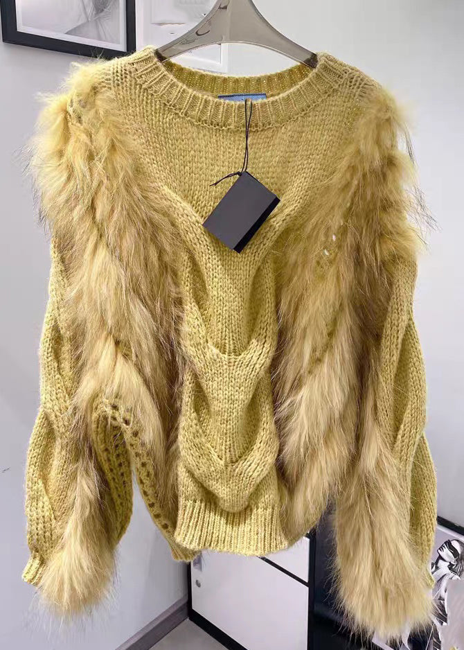Yellow O-neck Fuzzy Fur Fluffy Cotton Cozy Knit Sweaters Fall