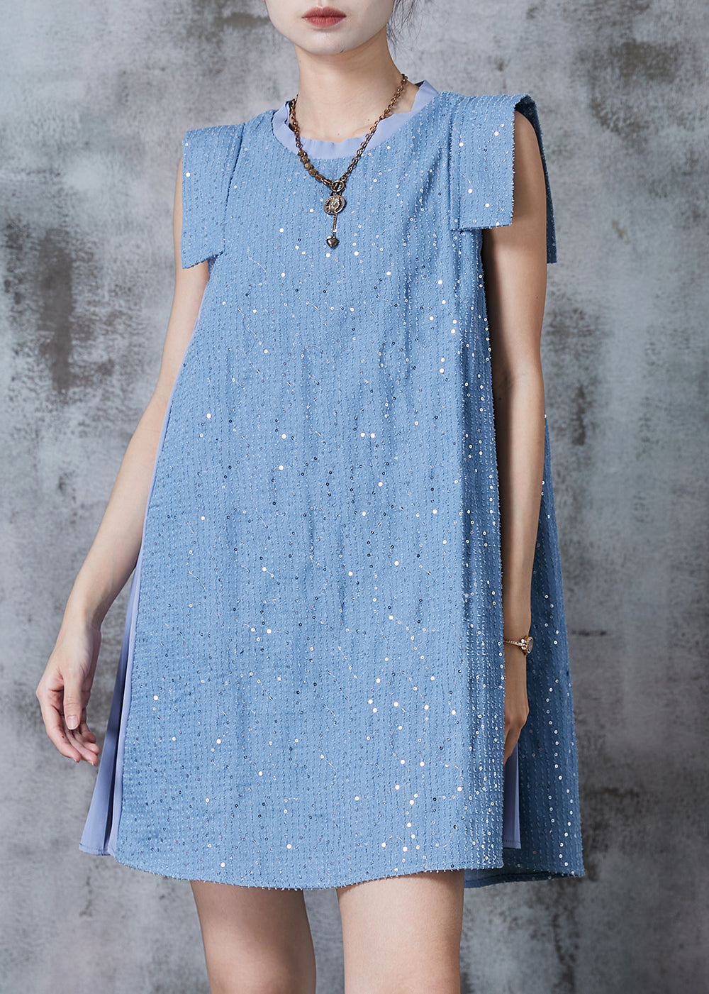 French Blue Sequins Patchwork Denim Day Dress Summer