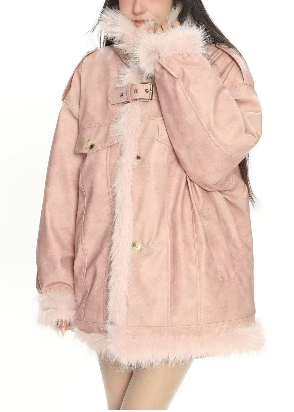 Pink Oversized Patchwork Warm Faux Leather Coat Winter