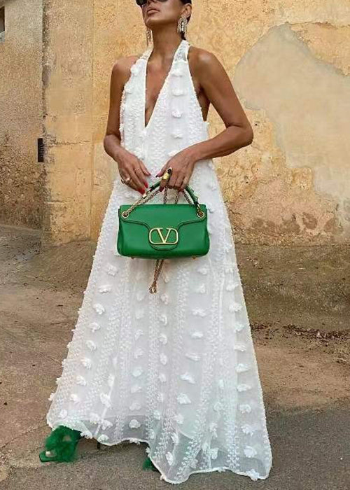 White Backless Ribbon Maxi Dress Sleeveless