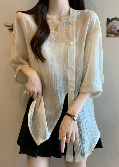 Apricot Square Collar Button Chiffon Shirt Bracelet Sleeve