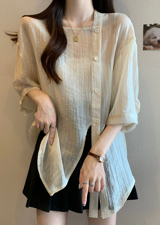 Apricot Square Collar Button Chiffon Shirt Bracelet Sleeve
