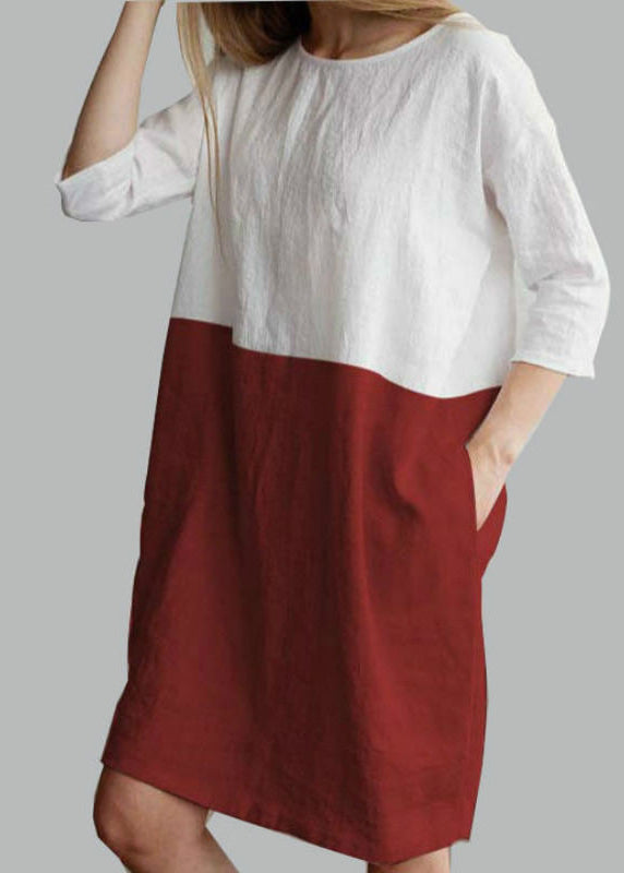 Loose Grey O Neck Patchwork Cotton Mid Dress Bracelet Sleeve