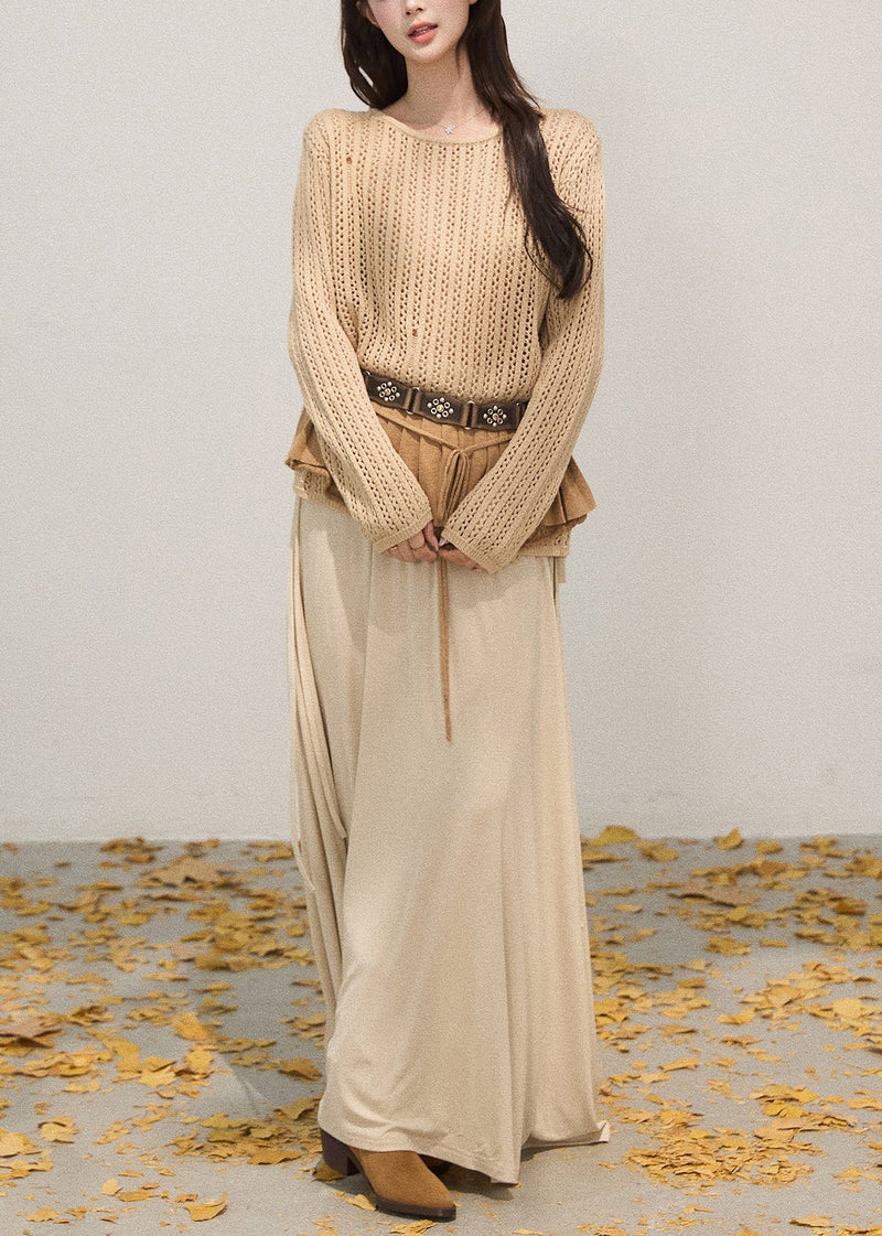 Khaki Hollow Out Knit Pullover Tops Fall