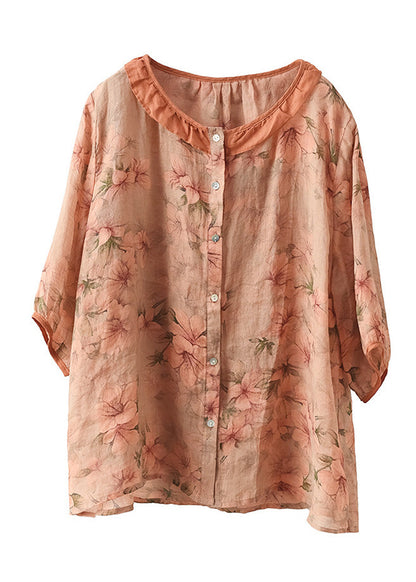 Orange O-neck Button Ramie Shirt Summer