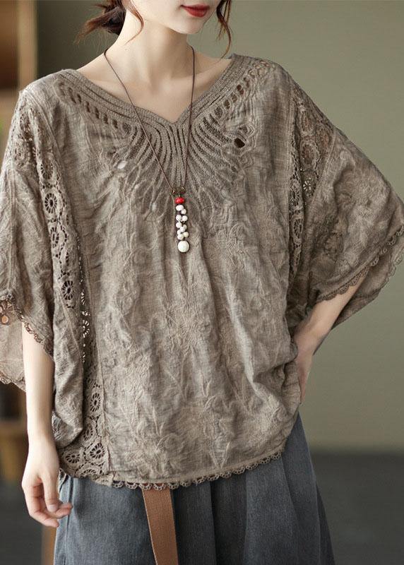 Khaki Cotton V Neck Embroidered Hollow Out Summer Blouses