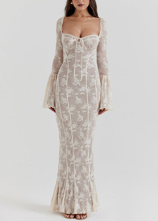 Slim Fit White Square Collar Backless Lace Long Dresses Flare Sleeve