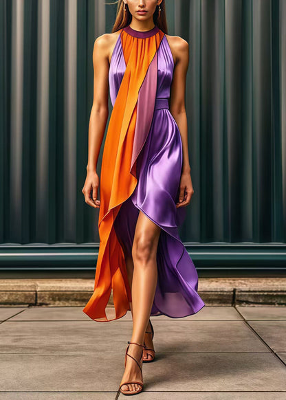 Purple Asymmetrical Patchwork Silk Holiday Dress Summer