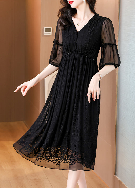 Black V Neck Embroidered Wrinkled Silk Dress Summer
