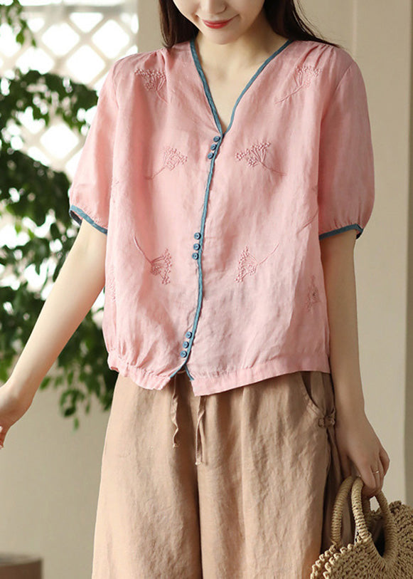 Pink Embroidered Patchwork Ramie Shirts Short Sleeve