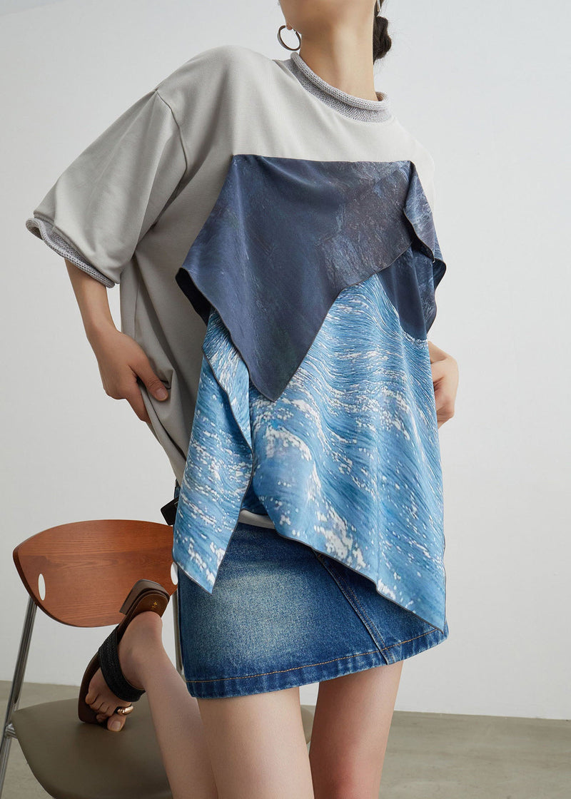 Stylish O-neck Asymmetrical Patchwork Cotton T Shirt Summer