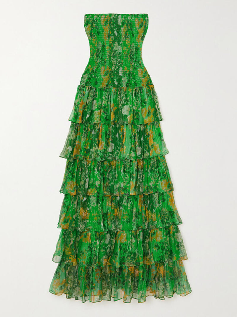 Strapless Layered Bandeau Print Maxi Dress