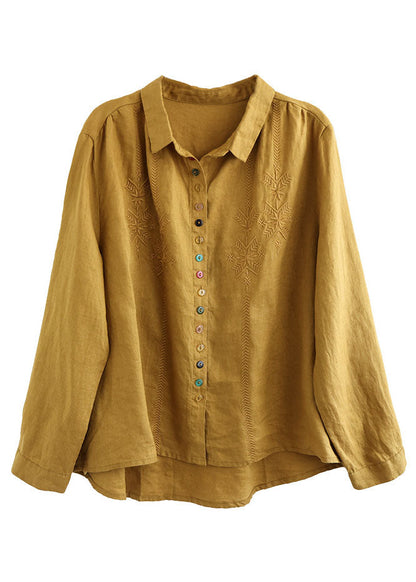 Simple Yellow Peter Pan Collar Embroidered Linen Shirt Spring