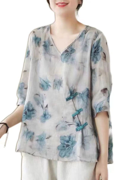 White V Neck Print Chinese Button Patchwork Linen Blouse Top Summer