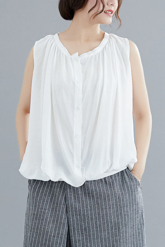 Summer Loose Sleeveless T-shirt Open Top Pleated Tank Top