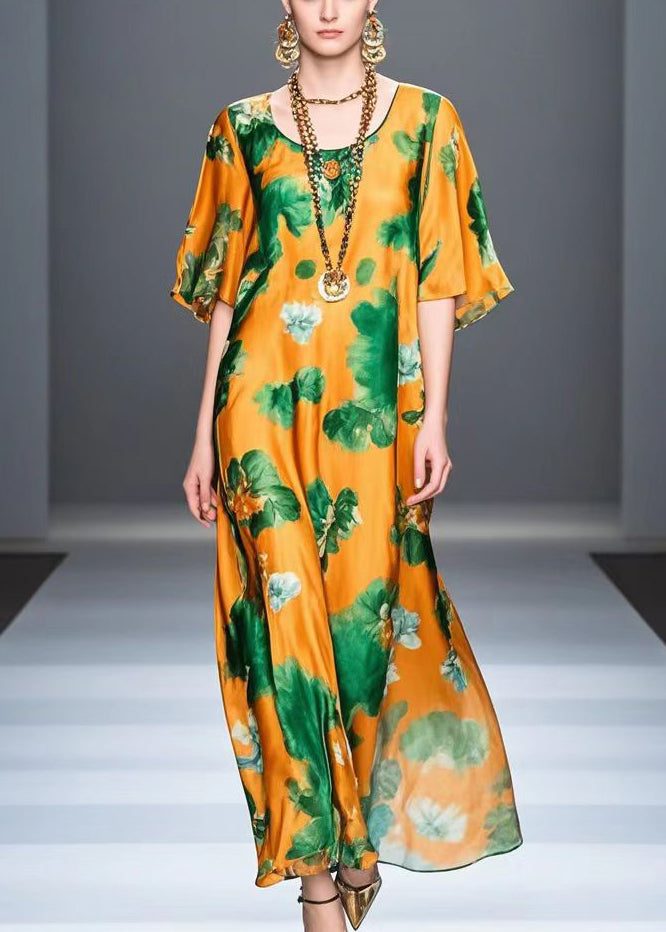 Orange Print Draping Silk Beach Dress Summer