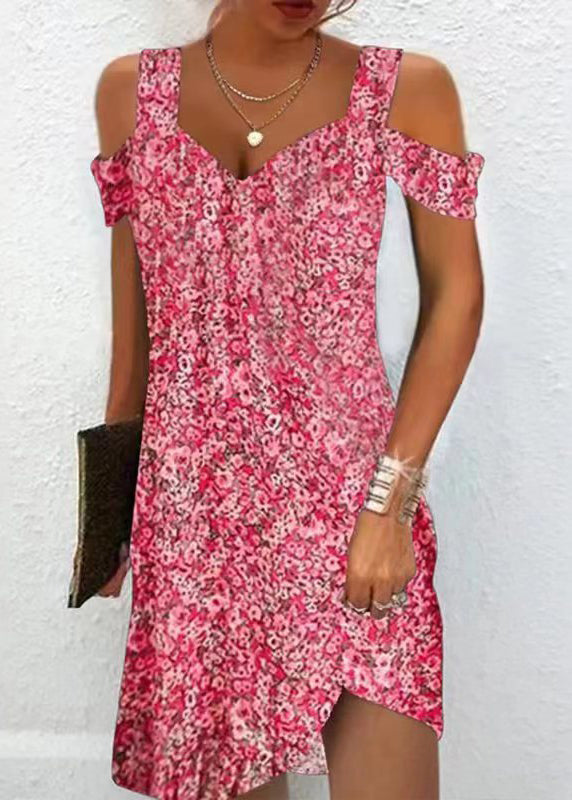 Pink Cold Shoulder Print Cotton Dresses Summer