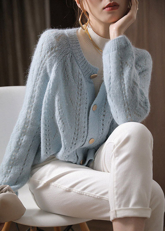 Light Blue O-neck Hollow Out Ma Hai Mao Knit Cardigan Spring