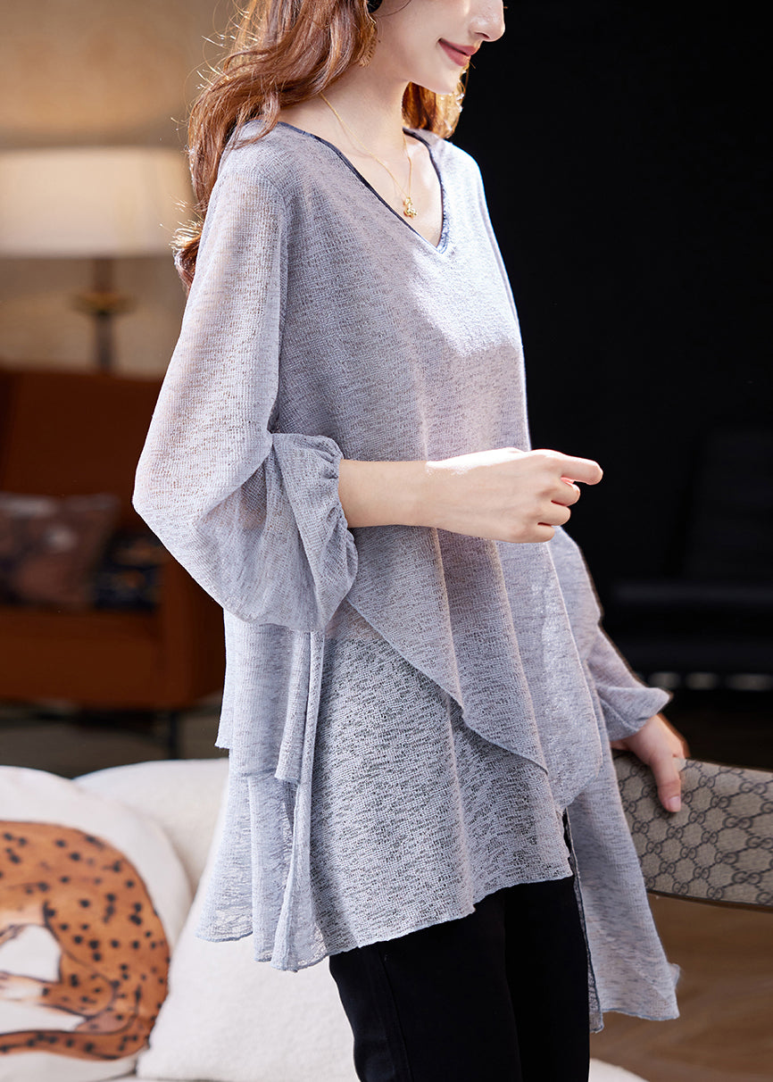 Loose Grey Asymmetrical Thin Knit T Shirts Fall