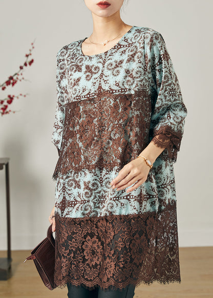 Blue Print Patchwork Lace Chiffon Short Dress Summer