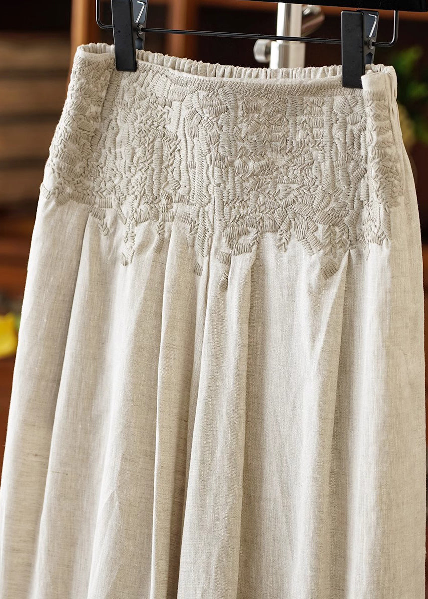 Apricot High Waist Embroidered Linen Wide Leg Pants Fall