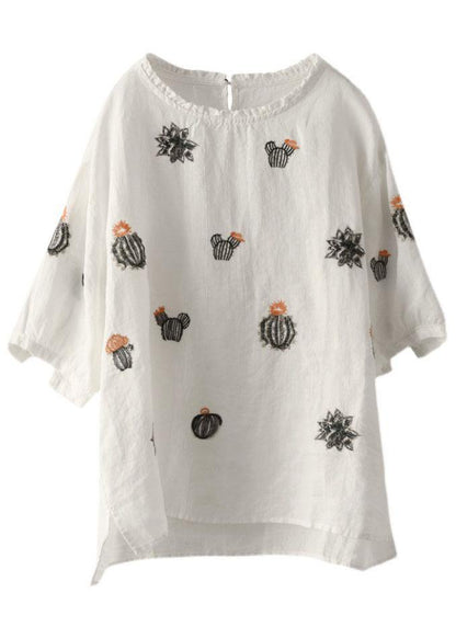 White O-neck Embroidered Summer Ramie Blouse Half Sleeve