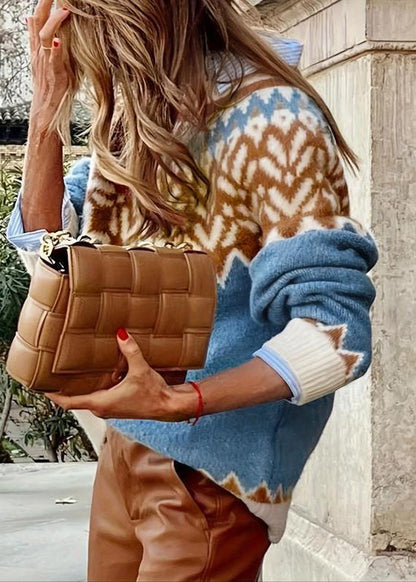 Handmade Brown O Neck Print Knit Sweaters Fall