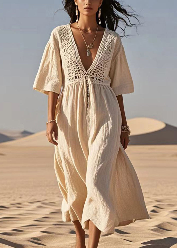 Apricot Hollow Out Cotton a Line Dress Summer