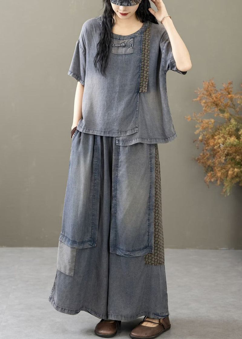 New Blue Pockets T Shirt and Wide Leg Pants Denim Two Pieces Set Summer
