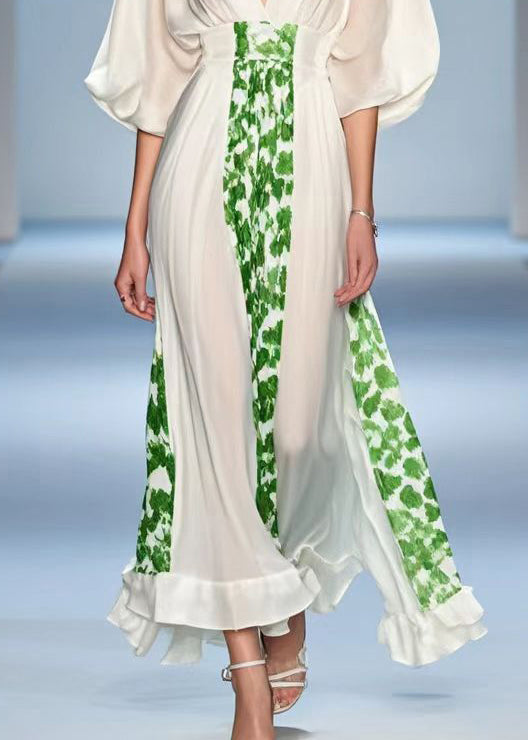 White V Neck Print Silk Party Dress Summer
