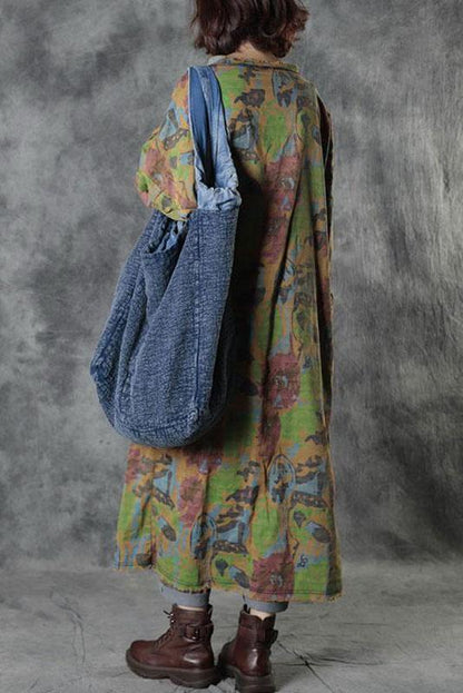 Loose Retro Print Button Big Pocket Dress