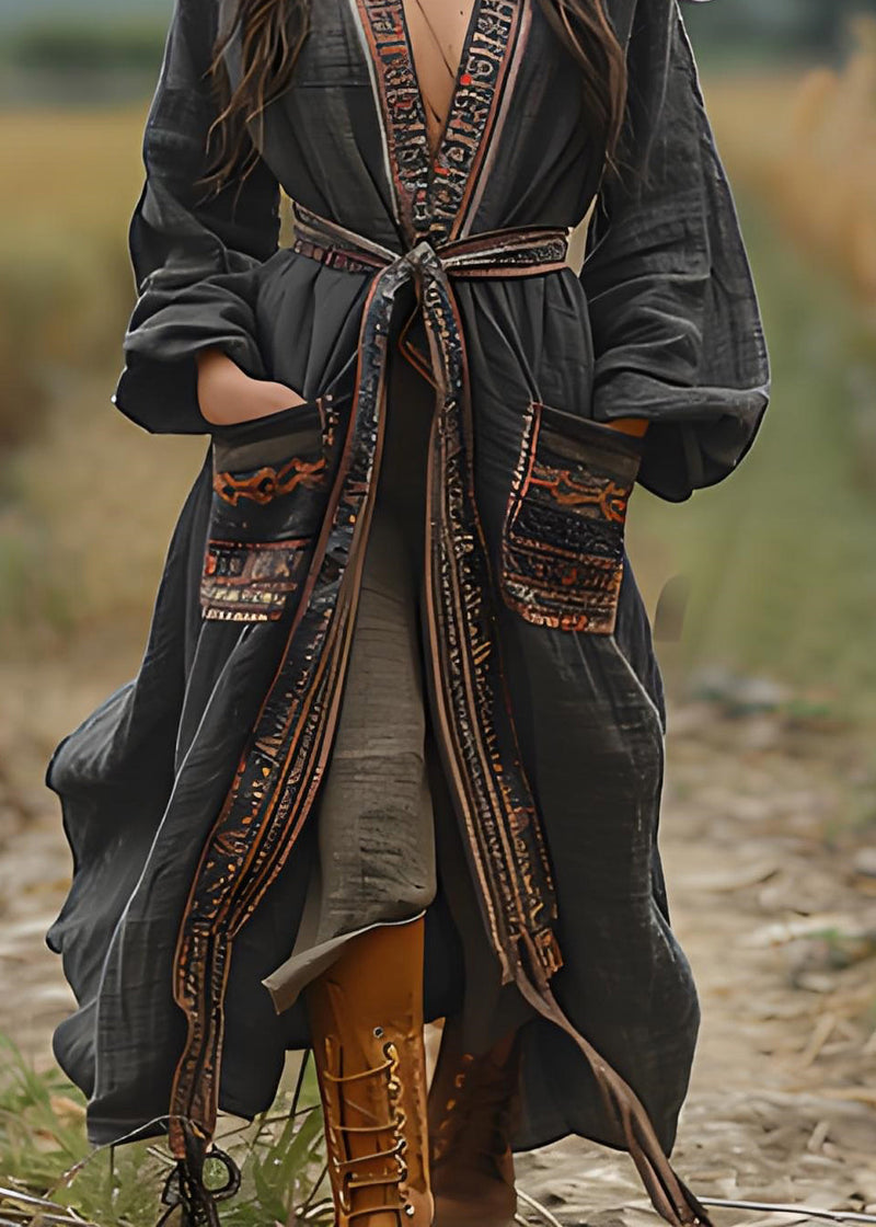 Black Print Pockets Cotton Loose Cardigans Spring