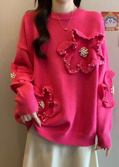 French Rose O Neck Nail Bead Knit Sweater Tops Spring