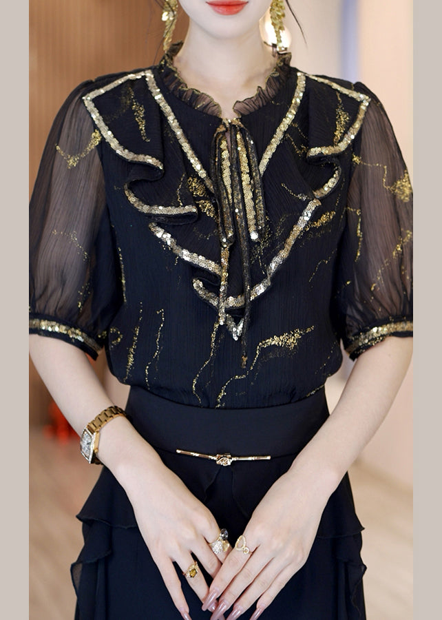 Black Stand Collar Sequins Chiffon Top Short Sleeve