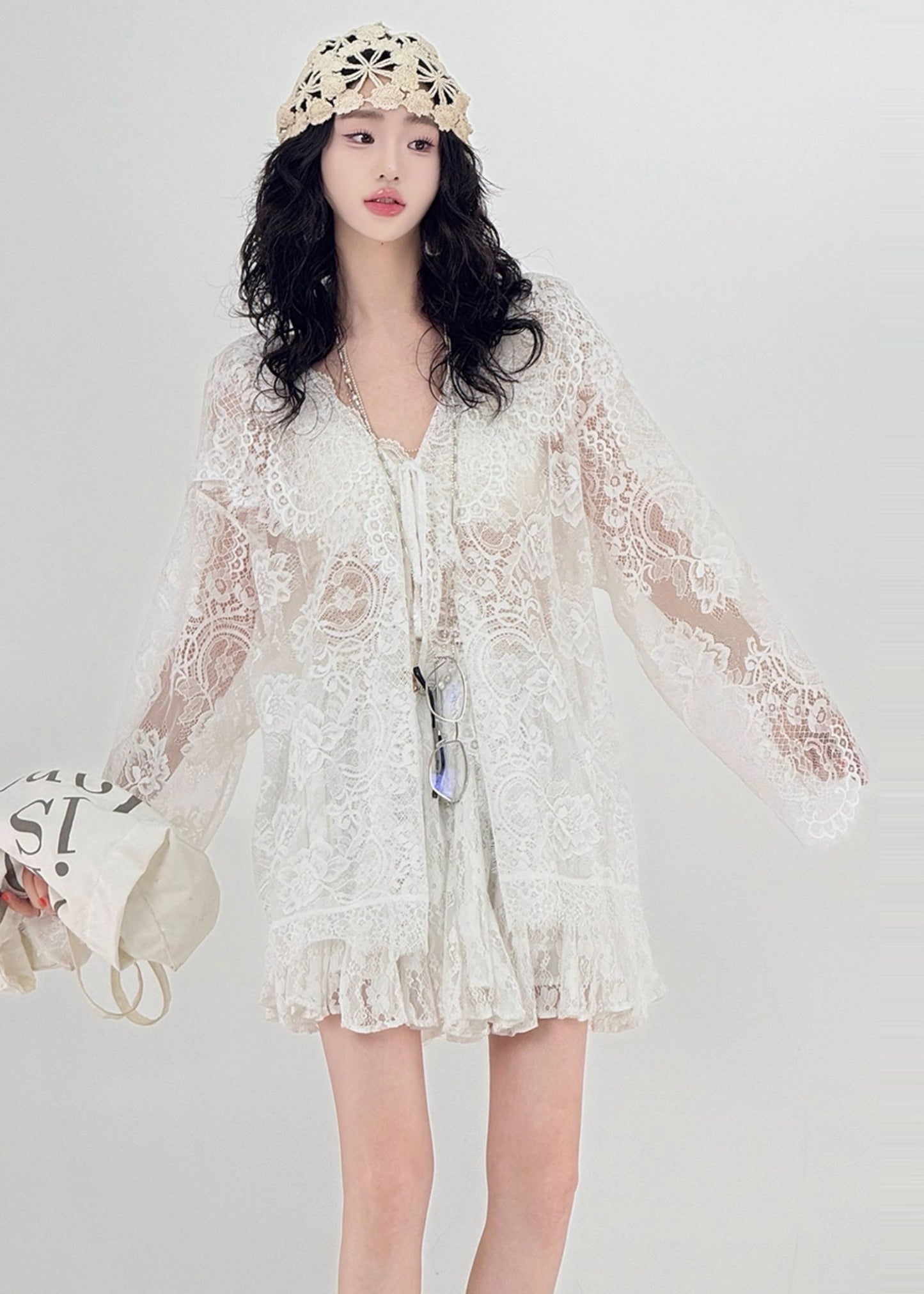 White Oversized Hollow Out Lace Upf 50+ Cardigan Spring