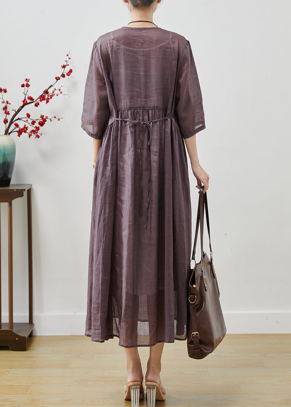 Purple Linen Long Dress Embroidered Bracelet Sleeve