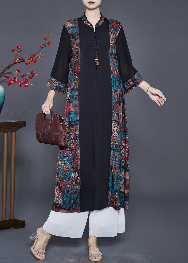 Black Mandarin Collar Patchwork Print Silk Cardigans Fall